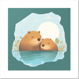 Two cute capybaras swimming in the sea Posters and Art